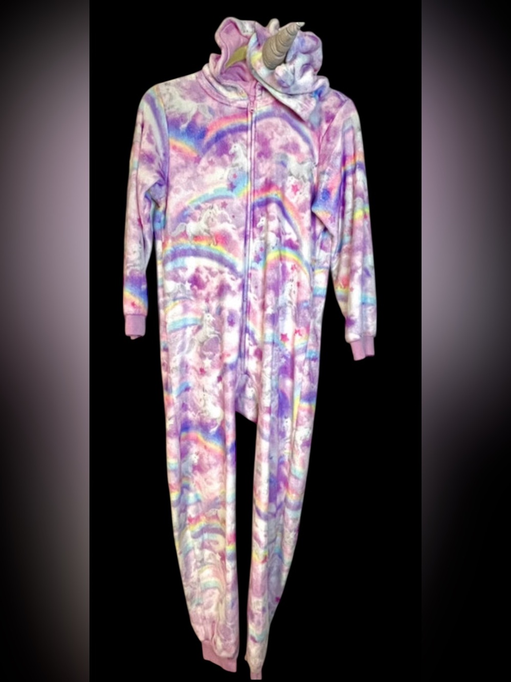 Girls 10/12 one piece unicorn & rainbow fleece pajamas
